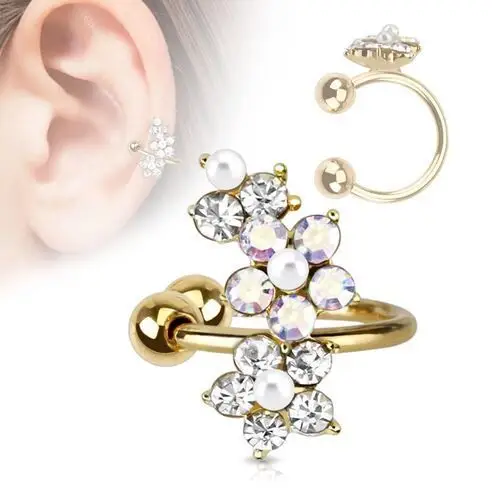 Biżuteria e-shop Fałszywy piercing do ucha, krążek ze stali 316l, złoty kolor, cyrkoniowe kwiatki