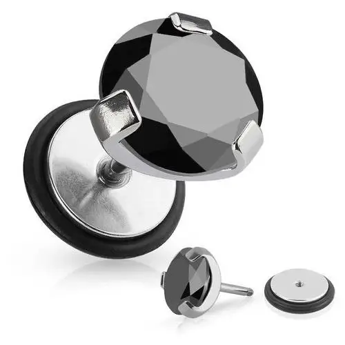 Fałszywy piercing do ucha ze stali chirurgicznej - okrągła czarna cyrkonia, gumka - średnica: 10 mm Biżuteria e-shop