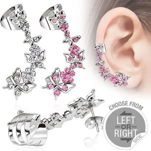 Fałszywy piercing do ucha ze stali - motylki i kwiatki z cyrkoniami - kształt piercingu: lewy, kolor cyrkoni: różowy - p Biżuteria e-shop