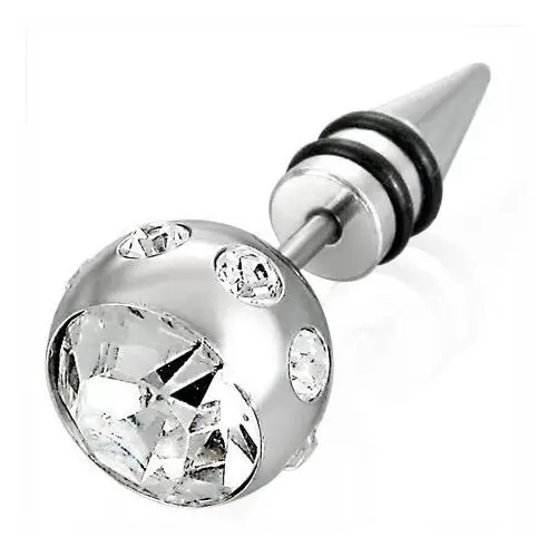 Fałszywy piercing srebrnego koloru - duża kuleczka z cyrkonią, szpic z dwiema czarnymi gumkami, E16.16