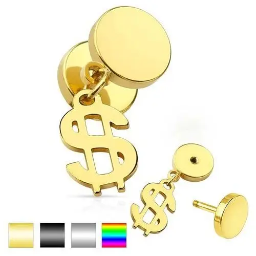 Biżuteria e-shop Fałszywy plug do ucha ze stali chirurgicznej, lśniące koła, symbol dolara - kolor kolczyka: tęczowy