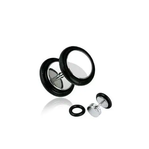 Biżuteria e-shop Fałszywy plug ze stali 316l - błyszczący okrągły kształt, czarne gumki, 10 mm
