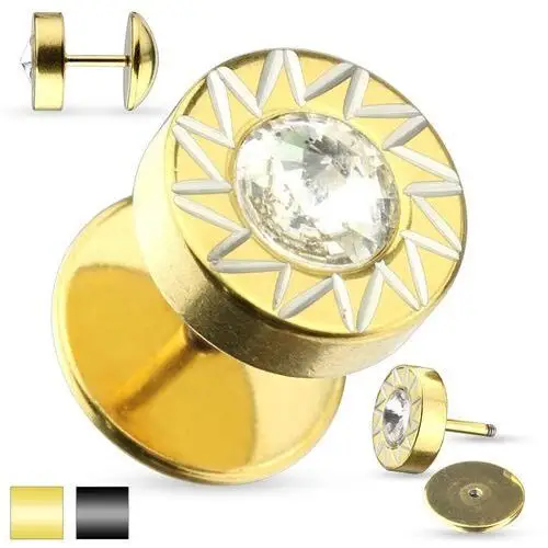 Fałszywy stalowy plug do ucha - słoneczko z bezbarwną błyszczącą cyrkonią w środku - Kolor kolczyka: Złoty, AB31.02