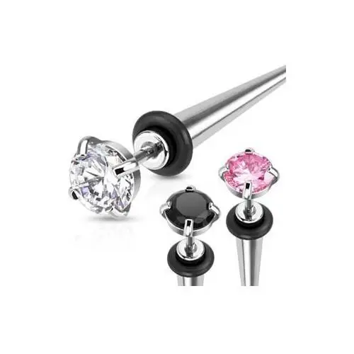 Fałszywy stalowy taper - szpic srebrnego koloru z kolorową cyrkonią, czarna gumka - kolor cyrkoni: różowy - p Biżuteria e-shop