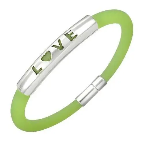 Biżuteria e-shop Gumowa bransoletka w zielonym odcieniu - metalowa płytka z napisem love