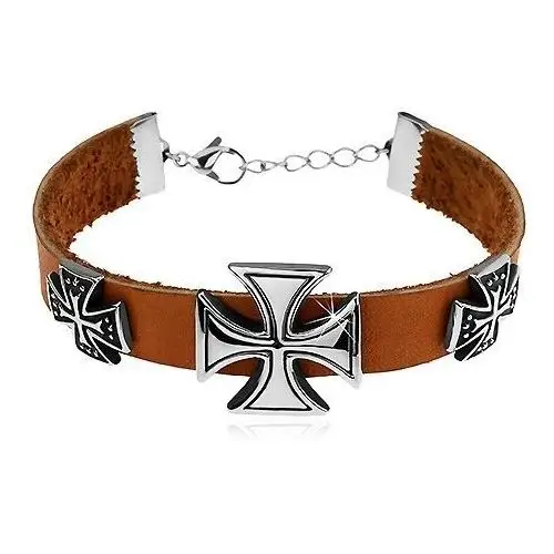 Biżuteria e-shop Jasnobrązowa bransoletka ze sztucznej skóry, trzy maltańskie krzyże srebrnego koloru