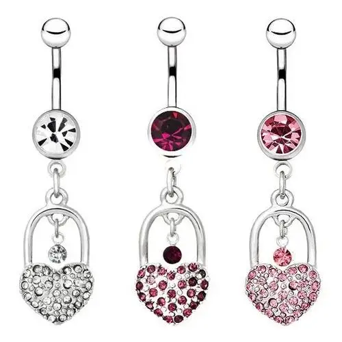 Kolczyk do brzucha ze stali - błyszcząca kłódka-serce, wisząca cyrkonia - kolor cyrkoni: fioletowy - a Biżuteria e-shop