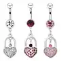 Kolczyk do brzucha ze stali - błyszcząca kłódka-serce, wisząca cyrkonia - kolor cyrkoni: fioletowy - a Biżuteria e-shop Sklep