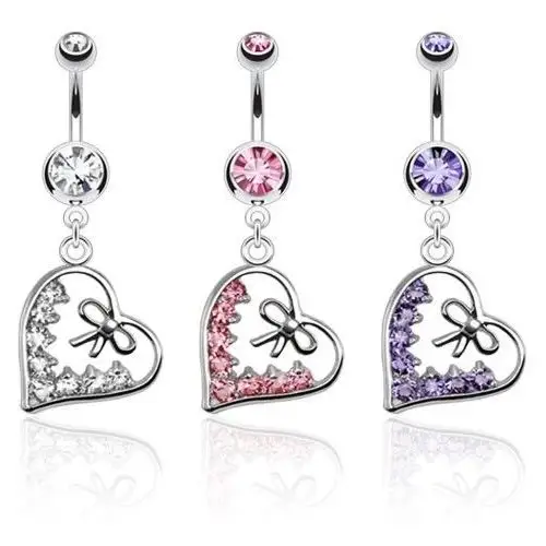 Kolczyk do brzucha ze stali, zarys serca ozdobiony kokardką i cyrkoniami - kolor cyrkoni: różowy - p Biżuteria e-shop