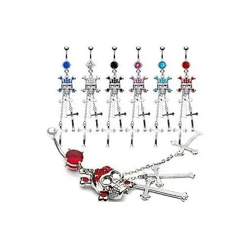 Biżuteria e-shop Kolczyk do pępka - czaszka wyłożona cyrkoniami, trzy krzyżyki - kolor cyrkoni: aqua niebieski - q