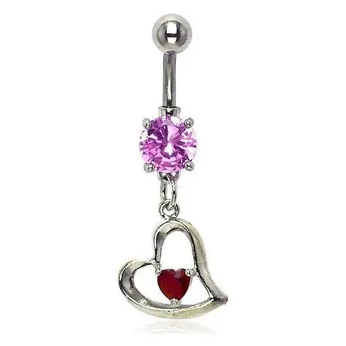 Biżuteria e-shop Kolczyk do pępka ukośne serduszko, różowa i czerwona cyrkonia