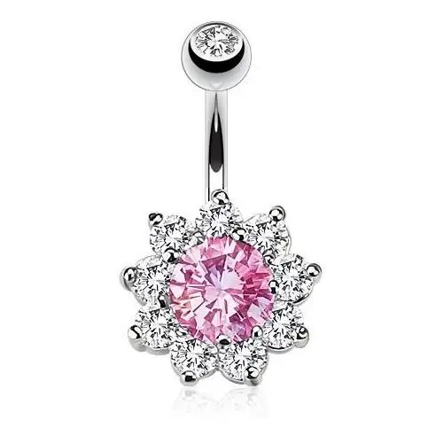 Kolczyk do pępka ze stali chirurgicznej, lśniący kwiat z różowych i przezroczystych cyrkonii Biżuteria e-shop