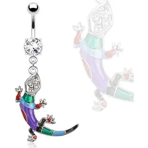 Biżuteria e-shop Kolczyk do pępka ze stali - kolorowa jaszczurka z bezbarwnym kamyczkiem