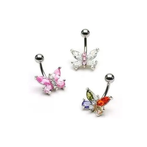 Biżuteria e-shop Kolczyk do pępka ze stali, kolorowy cyrkoniowy motyl - kolor cyrkoni: różowy - przeźroczysty