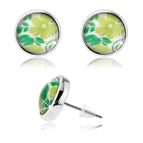 Kolczyki cabochon, przejrzyste szkliwo, sztyfty, zielony kwiat, liście, białe tło Biżuteria e-shop