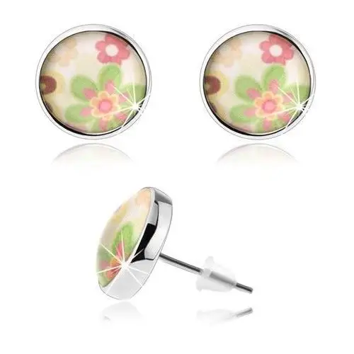 Biżuteria e-shop Kolczyki cabochon, wypukłe przejrzyste szkliwo, kolorowe kwiatki, białe tło