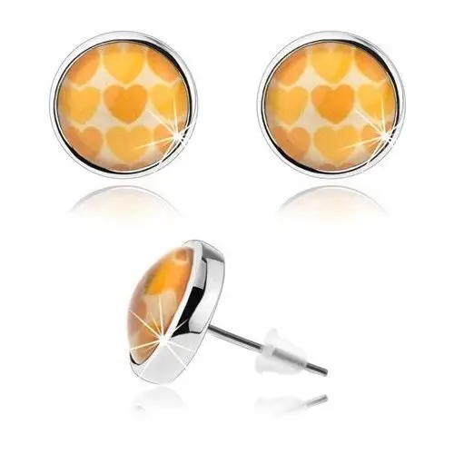 Kolczyki cabochon, wypukłe przejrzyste szkło, żółte i pomarańczowe serduszka
