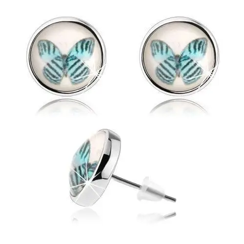 Biżuteria e-shop Kolczyki cabochon, wypukłe szkło, niebieski motyl z czarnymi pasami, białe tło
