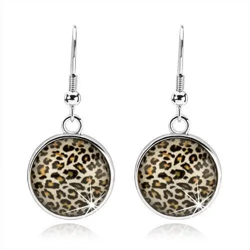 Biżuteria e-shop Kolczyki w stylu cabochon, wiszące koło z wypukłym szkłem, leopardzi wzór