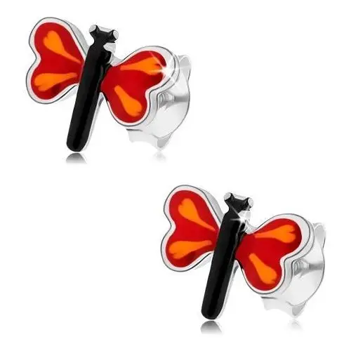 Biżuteria e-shop Kolczyki wkręty ze srebra 925, kolorowy mały motyl, czerwone skrzydła