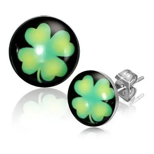 Kolczyki wkręty ze stali - koła z zieloną czterolistną koniczyną Biżuteria e-shop