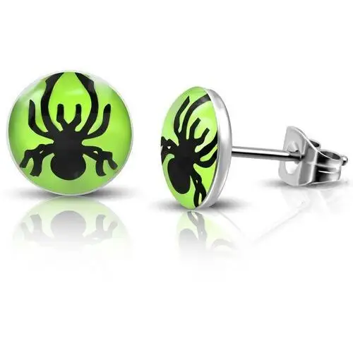 Kolczyki wkręty ze stali - pająk w zielonym kółku Biżuteria e-shop