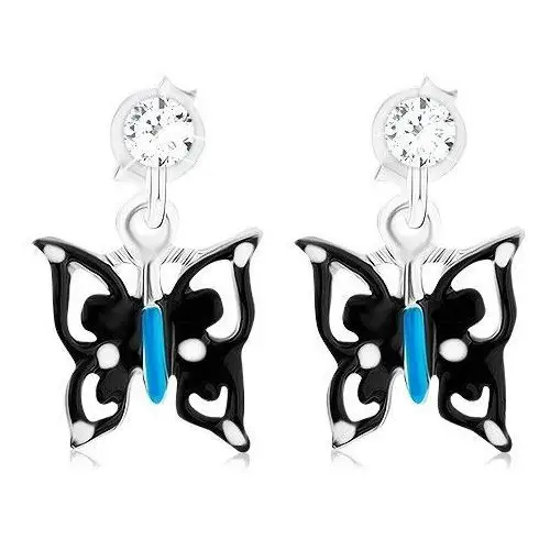 Kolczyki z czarno-niebiesko-białym motylem, srebro 925, kryształ, kolor niebieski