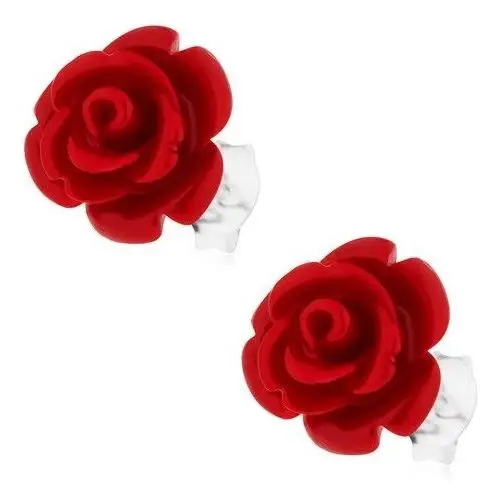 Biżuteria e-shop Kolczyki z czerwoną rozkwitniętą różą, srebro 925, zapięcie na sztyft