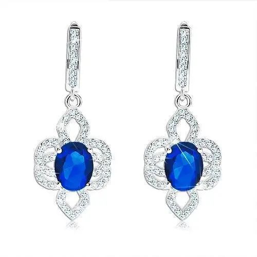Biżuteria e-shop Kolczyki ze srebra 925, asymetryczny kwiat - niebieska owalna cyrkonia, przejrzyste płatki