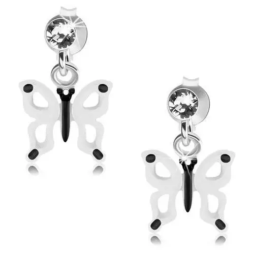 Biżuteria e-shop Kolczyki ze srebra 925, biało-czarny motylek z wycięciami na skrzydłach, kryształ
