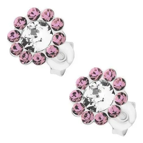 Kolczyki ze srebra 925, błyszczący kwiatek, bezbarwne i fioletowe kryształki Preciosa, kolor fioletowy