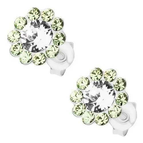 Biżuteria e-shop Kolczyki ze srebra 925, błyszczący kwiatek, bezbarwny i jasnozielone kryształki preciosa