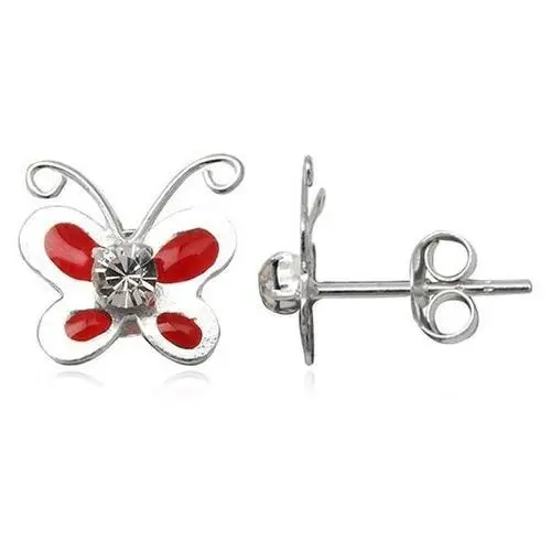 Kolczyki ze srebra 925 - czerwony motyl, przeźroczysta cyrkonia Biżuteria e-shop