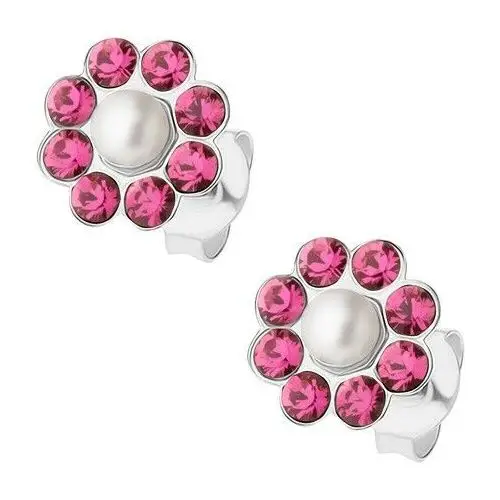 Kolczyki ze srebra 925, kwiatek z białą perełką, różowe kryształki Biżuteria e-shop
