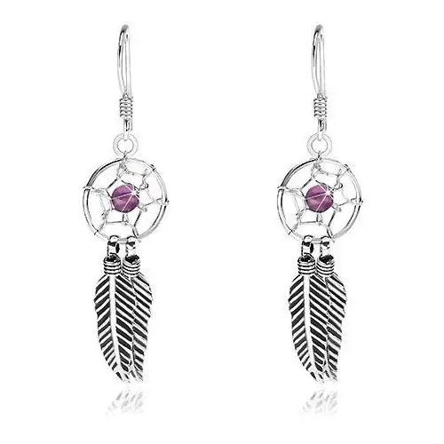 Biżuteria e-shop Kolczyki ze srebra 925, łapacz snów z fioletowym koralikiem i piórkami, 10 mm
