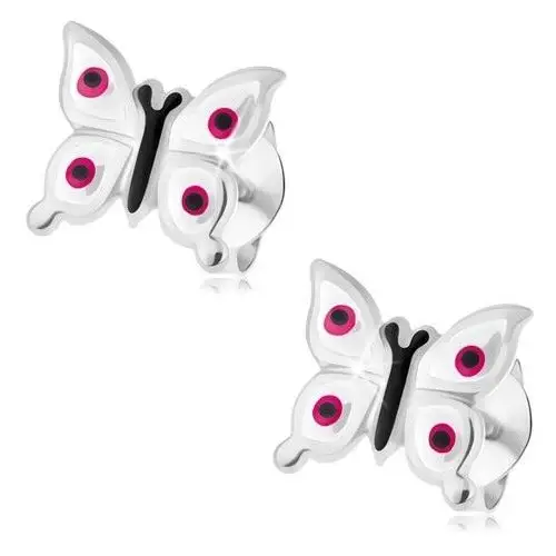 Biżuteria e-shop Kolczyki ze srebra 925, lśniące białe motylki - różowe i czarne kropki