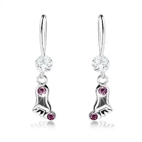 Biżuteria e-shop Kolczyki ze srebra 925, lśniący odcisk stopy z kryształkami fioletowego koloru