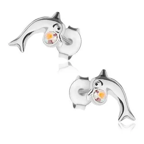 Kolczyki ze srebra 925, mały delfin z okrągłą cyrkonią o tęczowym połysku Biżuteria e-shop