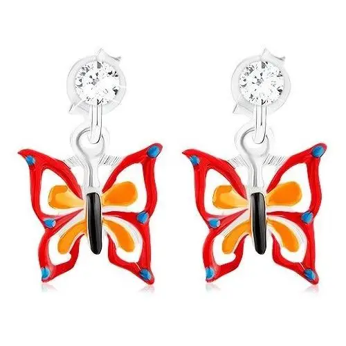 Kolczyki ze srebra 925, motyl w kropki z czerwono-pomarańczową emalią Biżuteria e-shop