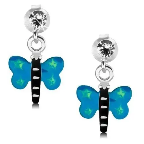 Kolczyki ze srebra 925, motyl z niebieskimi skrzydłami i zielonymi gwiazdeczkami