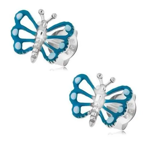 Biżuteria e-shop Kolczyki ze srebra 925, motyl z niebieskimi skrzydłami z patynowanym ciałem