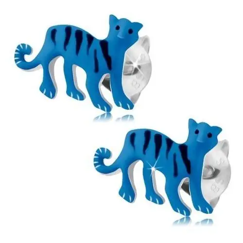 Kolczyki ze srebra 925, niebieski tygrys z czarnymi paseczkami, wkręty, kolor niebieski