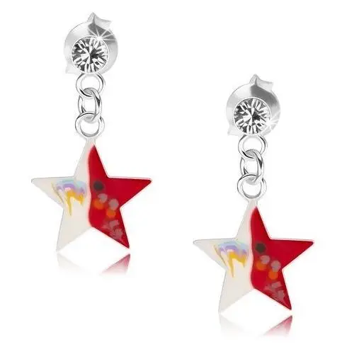 Kolczyki ze srebra 925, przezroczysty kryształek, czerwono-biała gwiazda z dekoracją Biżuteria e-shop