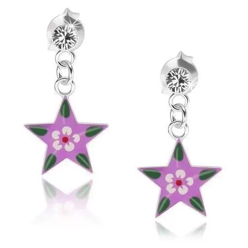 Kolczyki ze srebra 925, przezroczysty kryształek, fioletowa gwiazda z kolorowym kwiatkiem Biżuteria e-shop