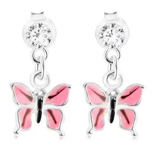 Biżuteria e-shop Kolczyki ze srebra 925, różowy emaliowany motylek, kryształek swarovskiego