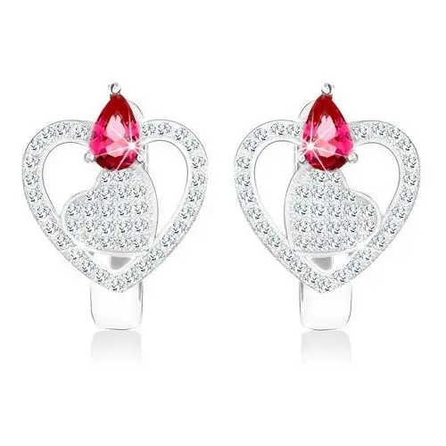 Kolczyki ze srebra 925, zarys serca i pełne serduszko, przezroczyste cyrkonie, różowo-czerwona łezka Biżuteria e-shop