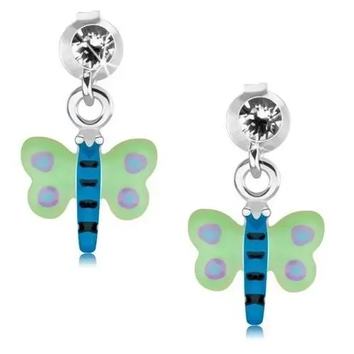 Kolczyki ze srebra 925, zielono-niebieski motyl z fioletowymi kropkami, kryształ, kolor fioletowy