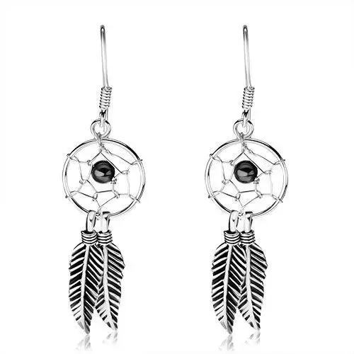 Biżuteria e-shop Kolczyki ze srebra, okrągły łapacz snów z czarną kuleczką i piórkami, 12 mm