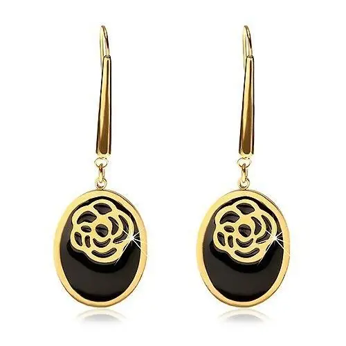 Kolczyki ze stali 316l złotego koloru - owale z czarną emalią i powycinaną różą Biżuteria e-shop
