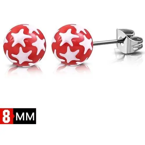 Biżuteria e-shop Kolczyki ze stali chirurgicznej, czerwone kuleczki z białymi gwiazdkami